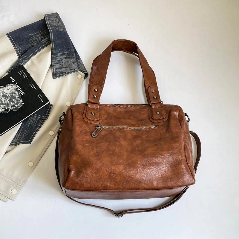 Women's Vintage PU Leather Tote Bag - Top Handle, Large Capacity, Crossbody