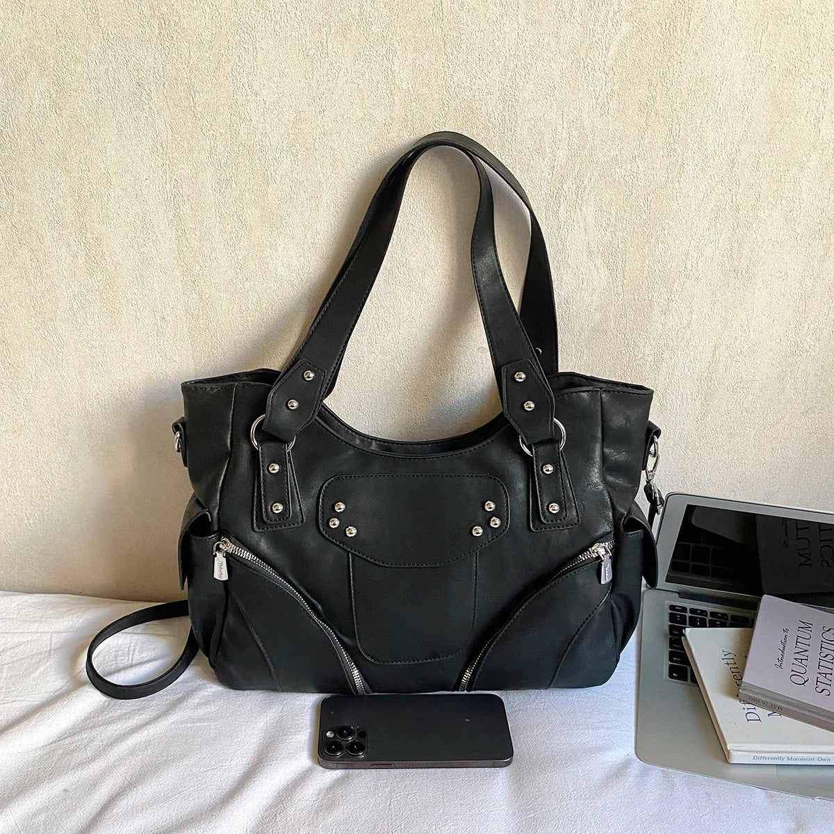 Women's PU Leather Hobo Shoulder Bag - Silver Stud Rivet Detail, Adjustable Strap
