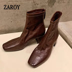 Women's Square-Toe Block Heel Ankle Boots with Back Zipper