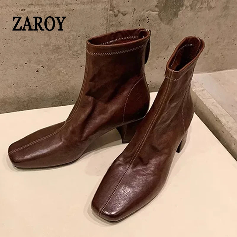 Women's Square-Toe Block Heel Ankle Boots with Back Zipper