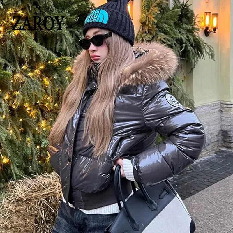 Women's Glossy Hooded Puffer Jacket with Faux Fur Trim