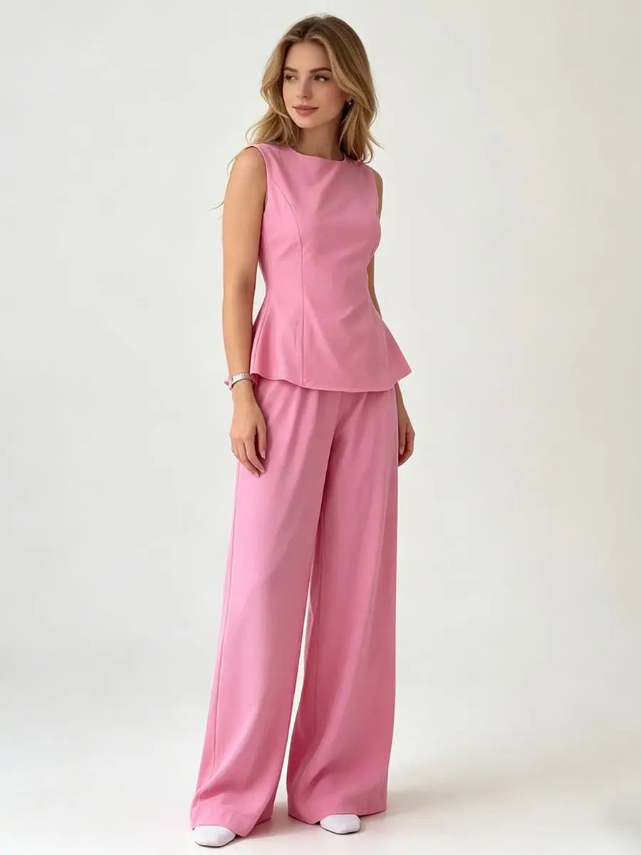 2026 Women Casual Set Elegant Back Tie Sleeveless Peplum Top + Wide Leg Pants 2 Pieces