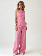 2026 Women Casual Set Elegant Back Tie Sleeveless Peplum Top + Wide Leg Pants 2 Pieces