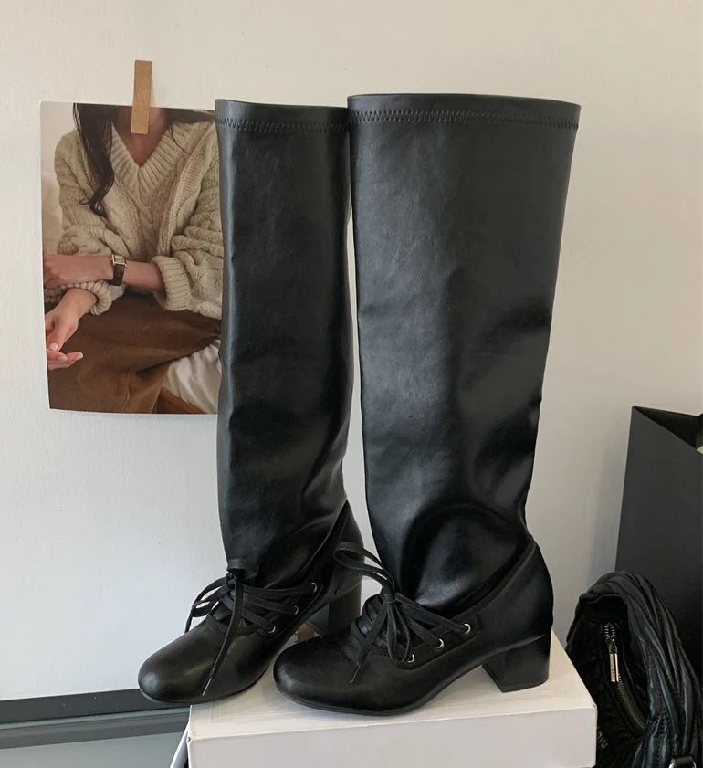 Women's Knee-High Block Heel Boots with Lace-Up Detail