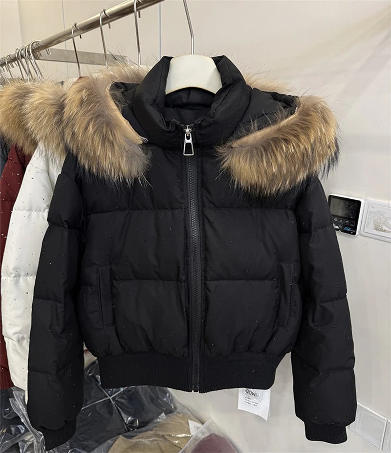 Women's Rhinestone Hooded Puffer Jacket with Plush Trim