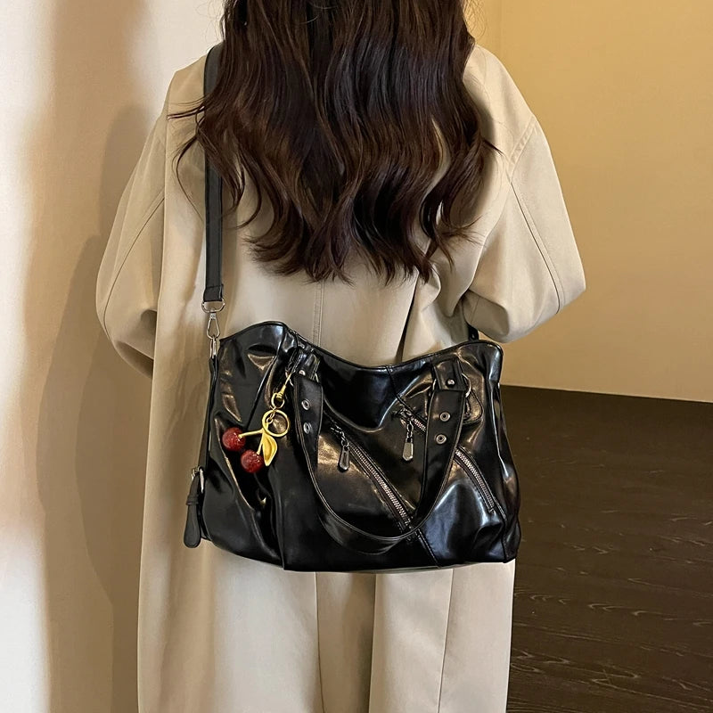 Women's Faux Leather Tote Shoulder Bag with Charm