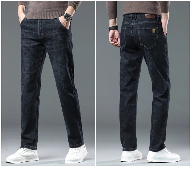 New High Quality Jeans Men's Business Casual Straight Denim Pants Stretch Fashion Classic Work Trousers Blue Black Male