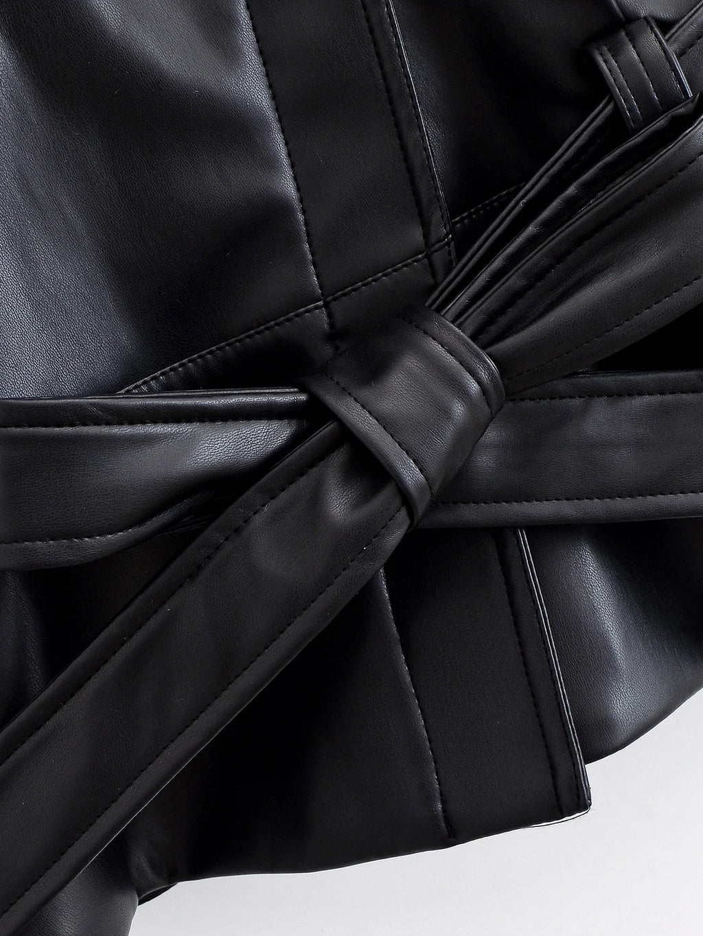 Women's Jacket Vintage Faux Leather Belted Turn-Down Lapel Full-Zip Full-Sleeve Short Motorcycle Coat