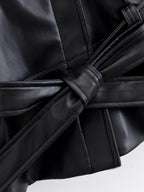 Women's Jacket Vintage Faux Leather Belted Turn-Down Lapel Full-Zip Full-Sleeve Short Motorcycle Coat