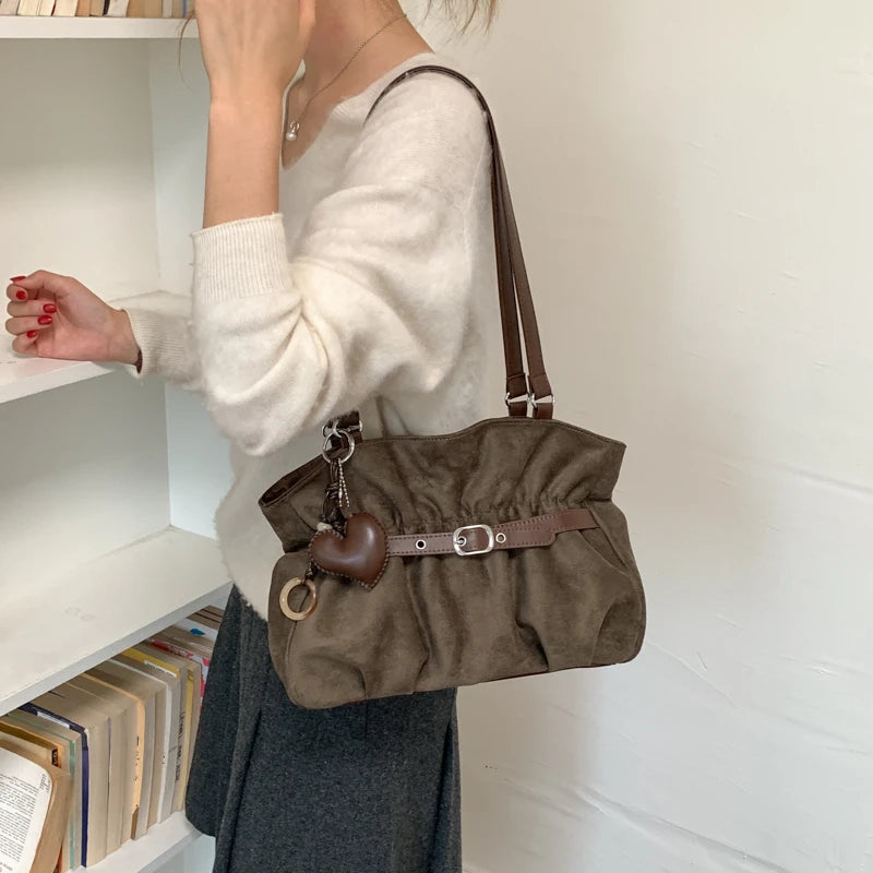 Women's Shoulder Bag Vintage Ruched PU Leather Zipper Tote Bag with Phone Pocket & Charm