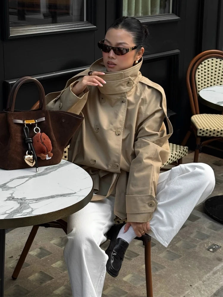 Khaki Belted Short Trench Coat for Women