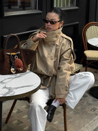 Khaki Belted Short Trench Coat for Women
