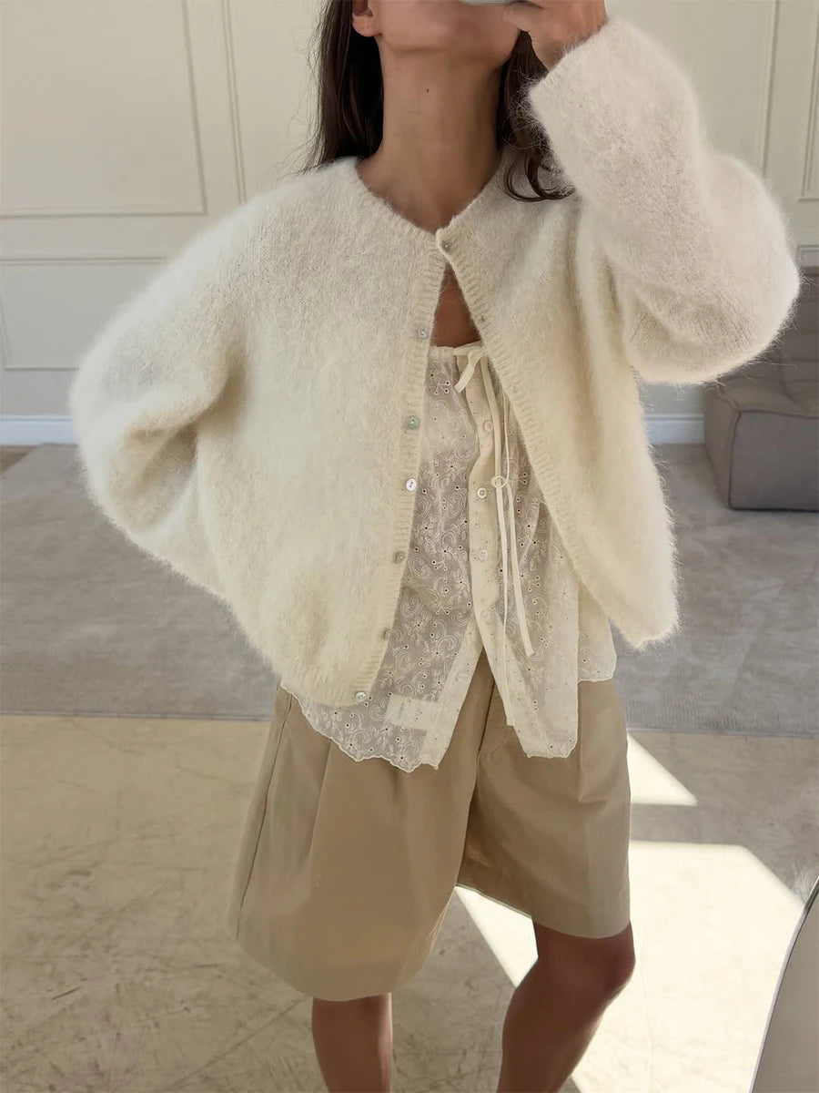 Cardigan Women's Spring and Autumn Loose Round Neck Knitted Jacket Soft Long Sleeved Sweater