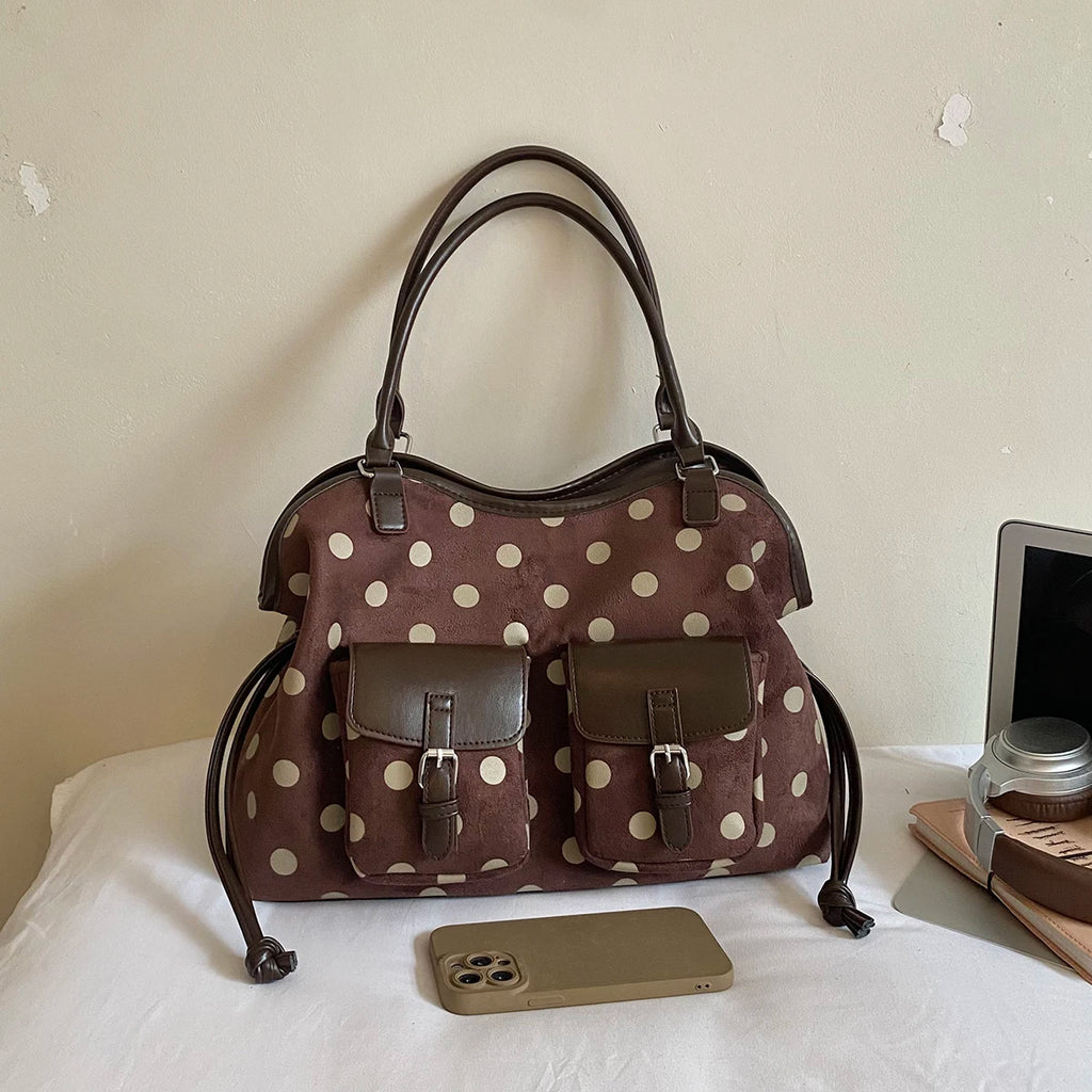 Women's Tote Bag Vintage Dot-Pattern Faux PU Leather Zipper Shoulder Bag with Phone Pocket
