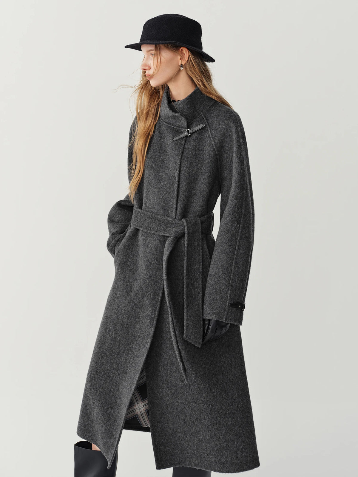 Women's 100% Wool Double-Sided Overcoat – Turn-Down Collar, Belt, X-Long