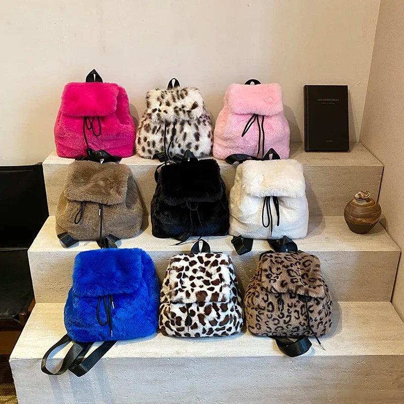 Faux Fur Small Leopard Backpacks Women's Flap Drawstring Soft Solid Shoulder Bag