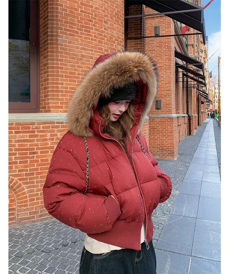 Women's Rhinestone Hooded Puffer Jacket with Plush Trim
