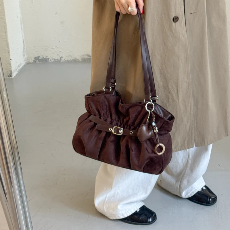 Women's Shoulder Bag Vintage Ruched PU Leather Zipper Tote Bag with Phone Pocket & Charm