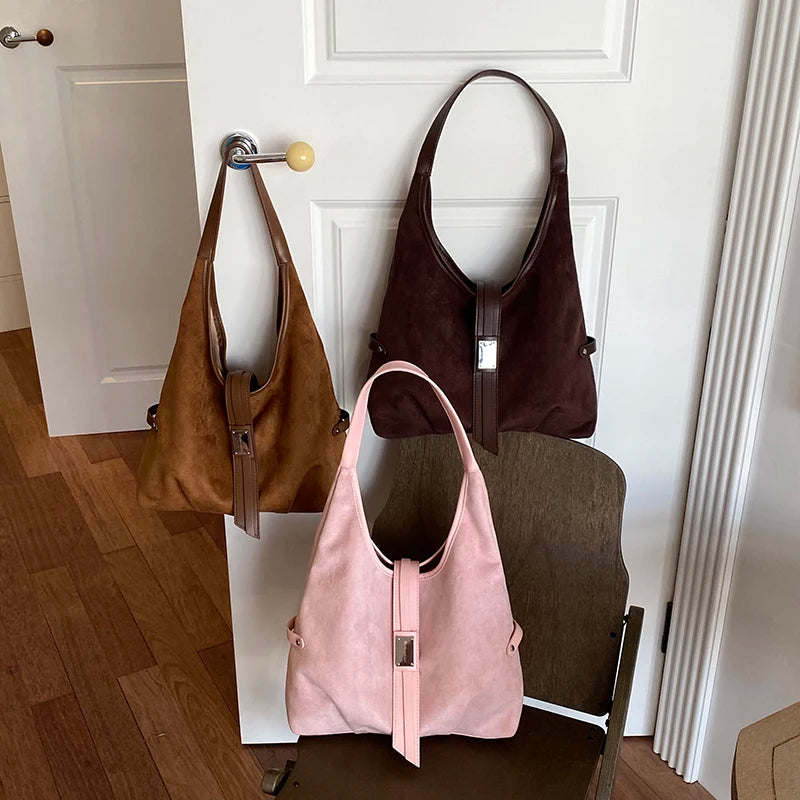 Women's Soft Faux Suede Hobo Tote Bag – Large Capacity, Retro Vintage