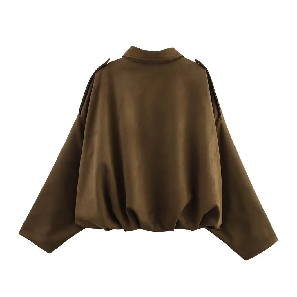 Women's Suede Textured Bomber Jacket Long Sleeve Lapel Collar Loose Coats Casual Outerwear