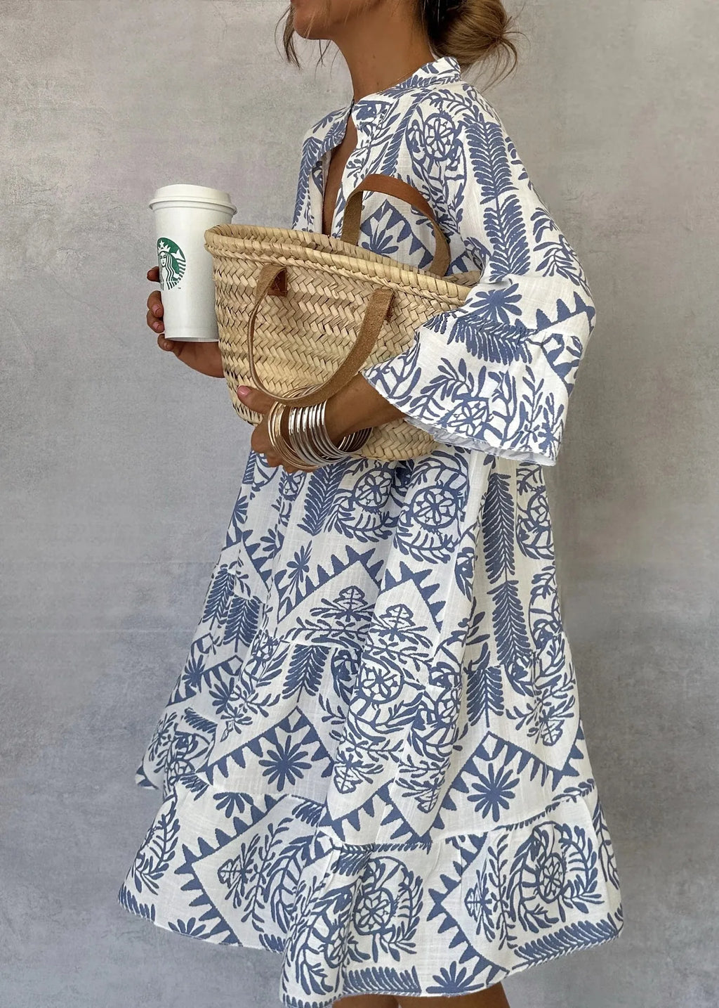 Bohemian Print Midi Dress – V-Neck 3/4 Sleeve Beach Dress