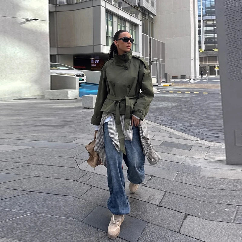 Women's Jacket Solid Lace-Up Double-Breasted Turn-Down Collar Full-Sleeve High-Waist Short Streetwear Coat