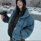 Women's Denim-Look Puffer Jacket with Stand Collar