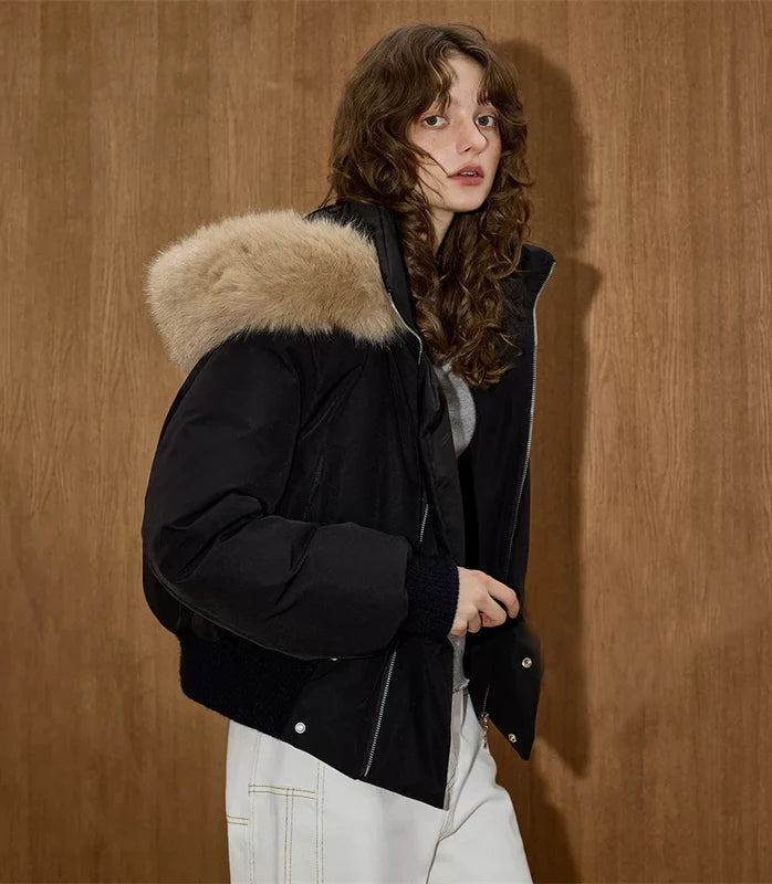 Women's Hooded Winter Bomber Jacket with Faux Fur Trim