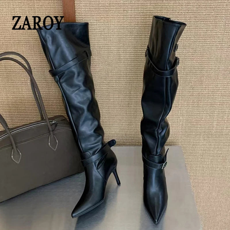 Women's Black Buckle Knee-High Boots with Stiletto Heels
