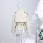 Women's Jacket Solid Lace-Up Double-Breasted Turn-Down Collar Full-Sleeve High-Waist Short Streetwear Coat