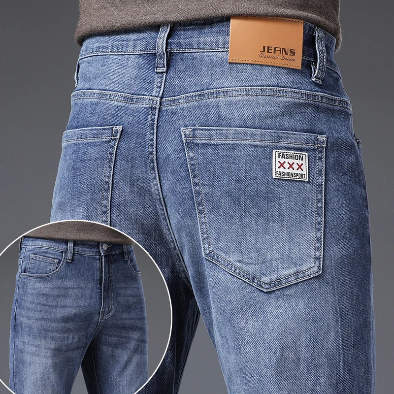 Men's Soft Stretch Straight Jeans Business Casual Slim Fit Wash Denim Pants Korean Fashion Blue Gray Male Brand Trousers