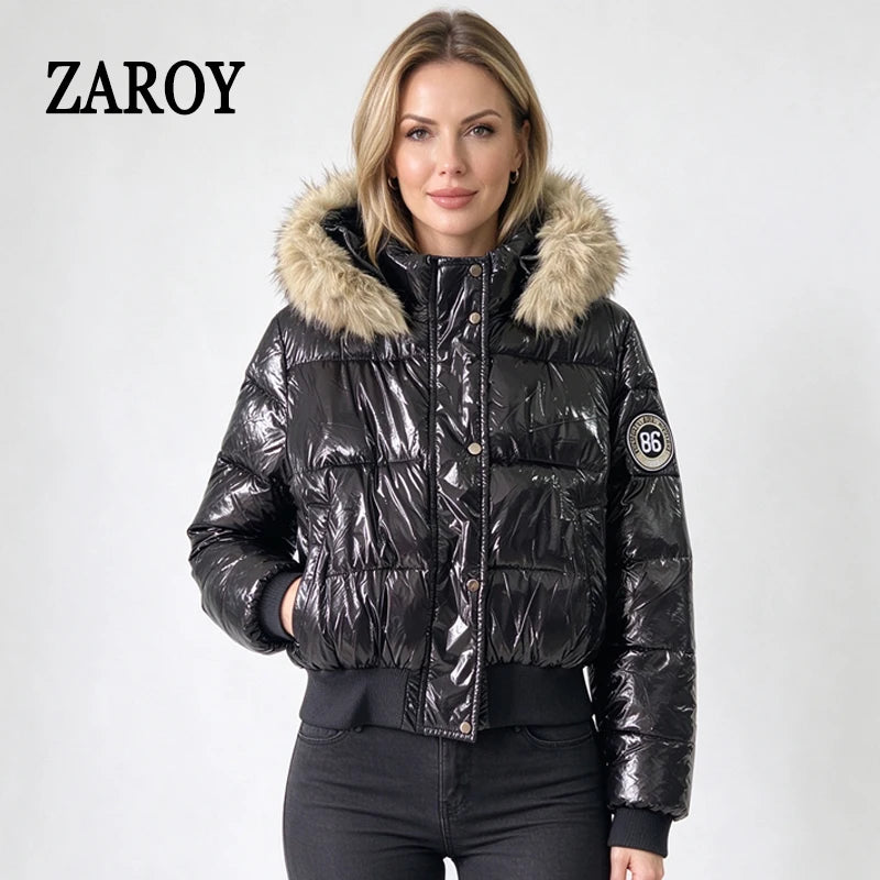 Women's Glossy Hooded Puffer Jacket with Faux Fur Trim