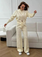 Women's Knit 2-Piece Set Zip-Up Stand Collar Cardigan Wide-Leg Ankle Pants Office Lady Autumn Winter Outfit