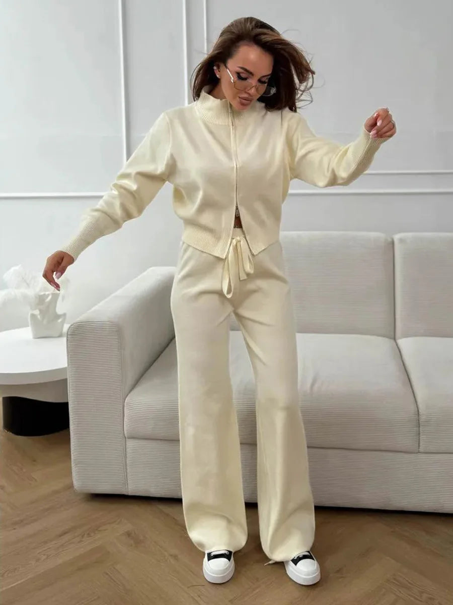 Women's Knit 2-Piece Set Zip-Up Stand Collar Cardigan Wide-Leg Ankle Pants Office Lady Autumn Winter Outfit