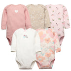 Group of five assorted long sleeve bodysuits including floral, polka dot, and bird prints in pastel colors