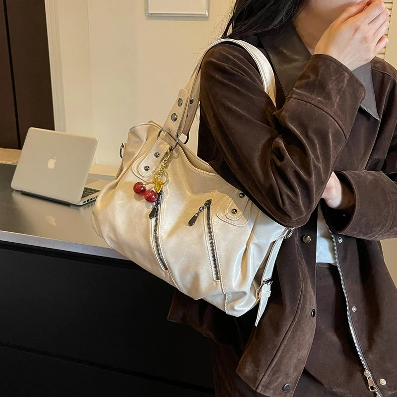 Women's Faux Leather Tote Shoulder Bag with Charm