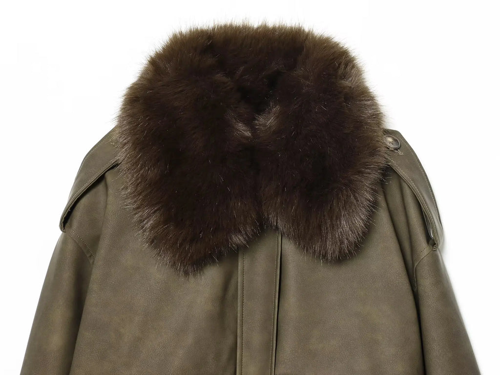 Women's  Faux Fur Collared Zip-Up Jacket with Pockets