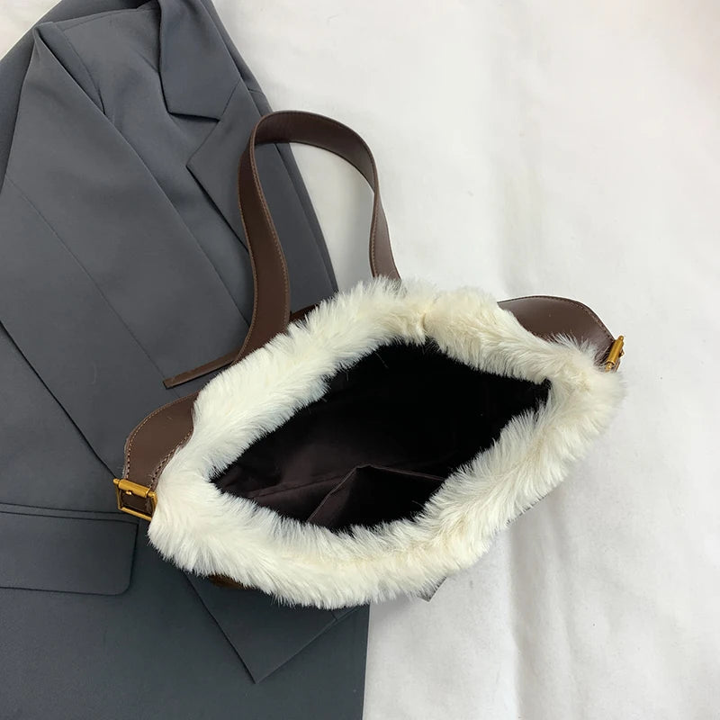 Suede Shoulder Bags Women Faux Fur Large Bow Tie Tag women Adjustable Strap