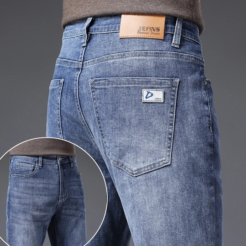 Men's Soft Stretch Straight Jeans Business Casual Slim Fit Wash Denim Pants Korean Fashion Blue Gray Male Brand Trousers