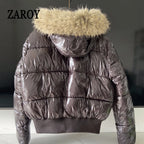 Women's Glossy Hooded Puffer Jacket with Faux Fur Trim