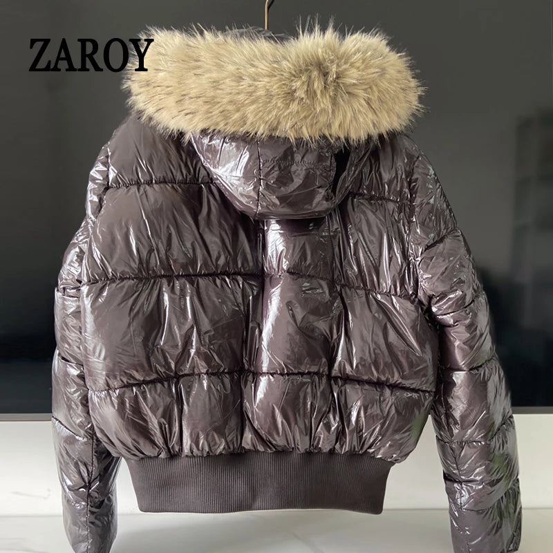 Women's Glossy Hooded Puffer Jacket with Faux Fur Trim
