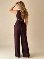 2026 Women Casual Set Elegant Back Tie Sleeveless Peplum Top + Wide Leg Pants 2 Pieces