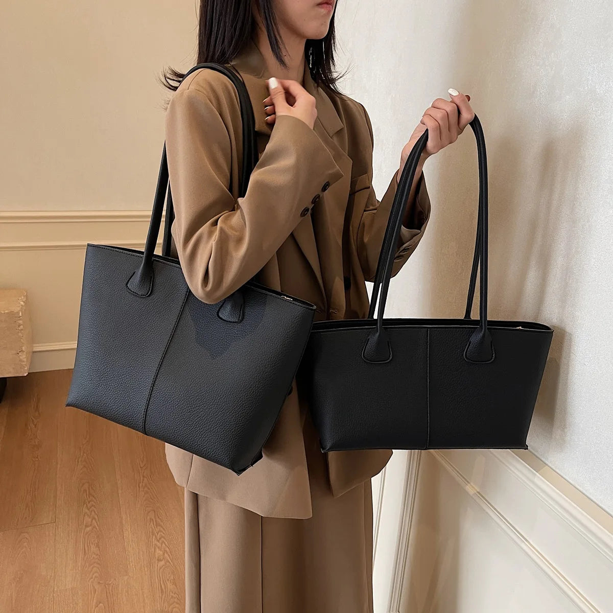 Small Large Tote Handbags PU Leather Shoulder Bag Women Zipper Solid Purses