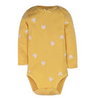 Mustard yellow long sleeve bodysuit with white sketch hearts pattern and ribbon tie neckline
