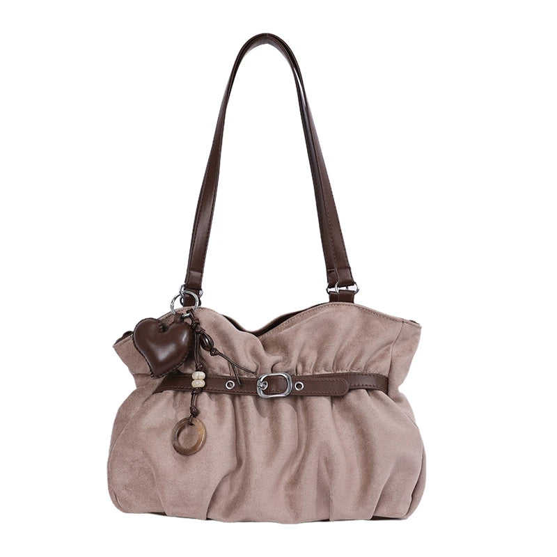 Women's Shoulder Bag Vintage Ruched PU Leather Zipper Tote Bag with Phone Pocket & Charm