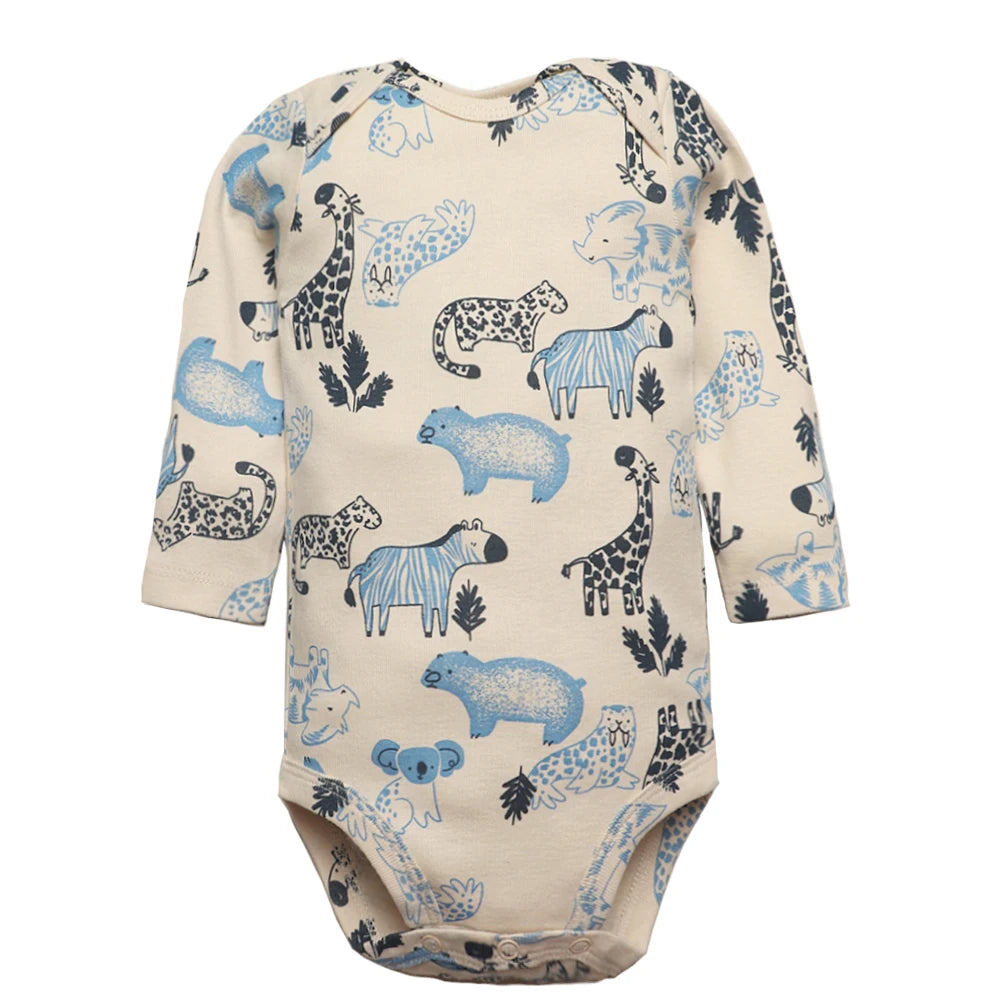 Single cream long sleeve bodysuit covered in dense blue and black African wildlife print with leaf motifs