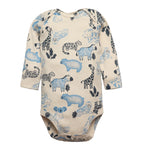 Single cream long sleeve bodysuit covered in dense blue and black African wildlife print with leaf motifs