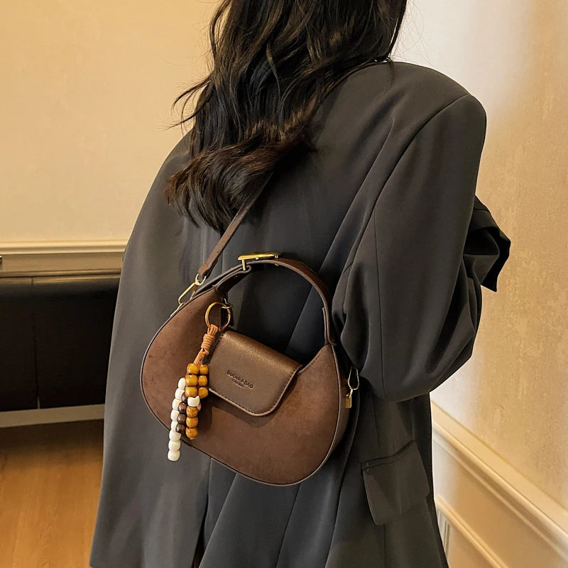 Women's Retro PU Leather Small Saddle Bag – Crossbody Shoulder Handbag with Pendant