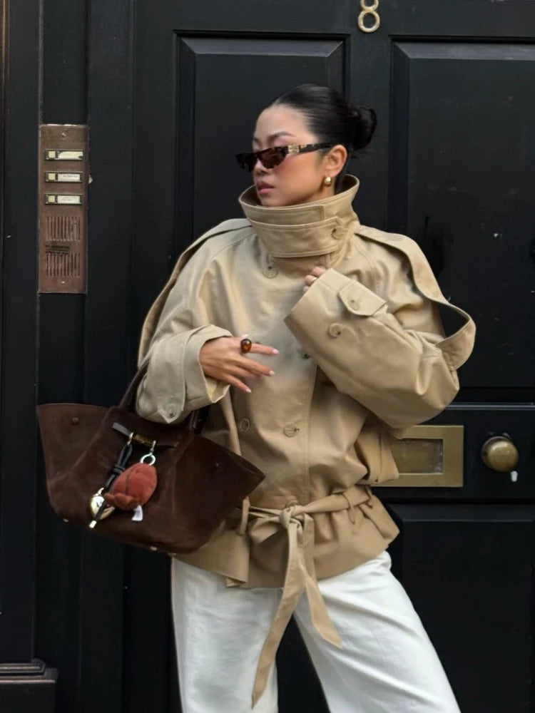 Khaki Belted Short Trench Coat for Women