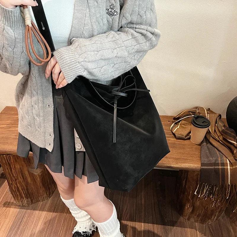 Suede Retro Shoulder Bag Women Tie Soft Hobo Crossbody Handbags Solid Purses